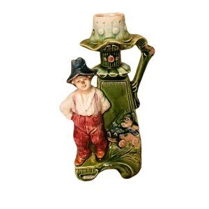 Vintage Old Majolica Candle Holder With Handle Man And Baby In Wagon MCM
